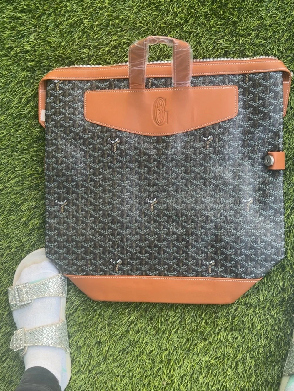 Goyard Men’s Brown Patterned Canvas Laptop Bag with Tan Leather Trim
